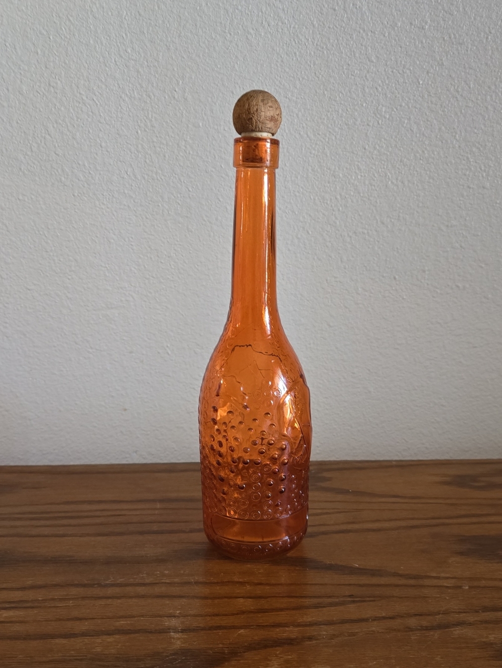 Orange Raised Leaf Design Glass Decorating Bottle 12”H W Cork